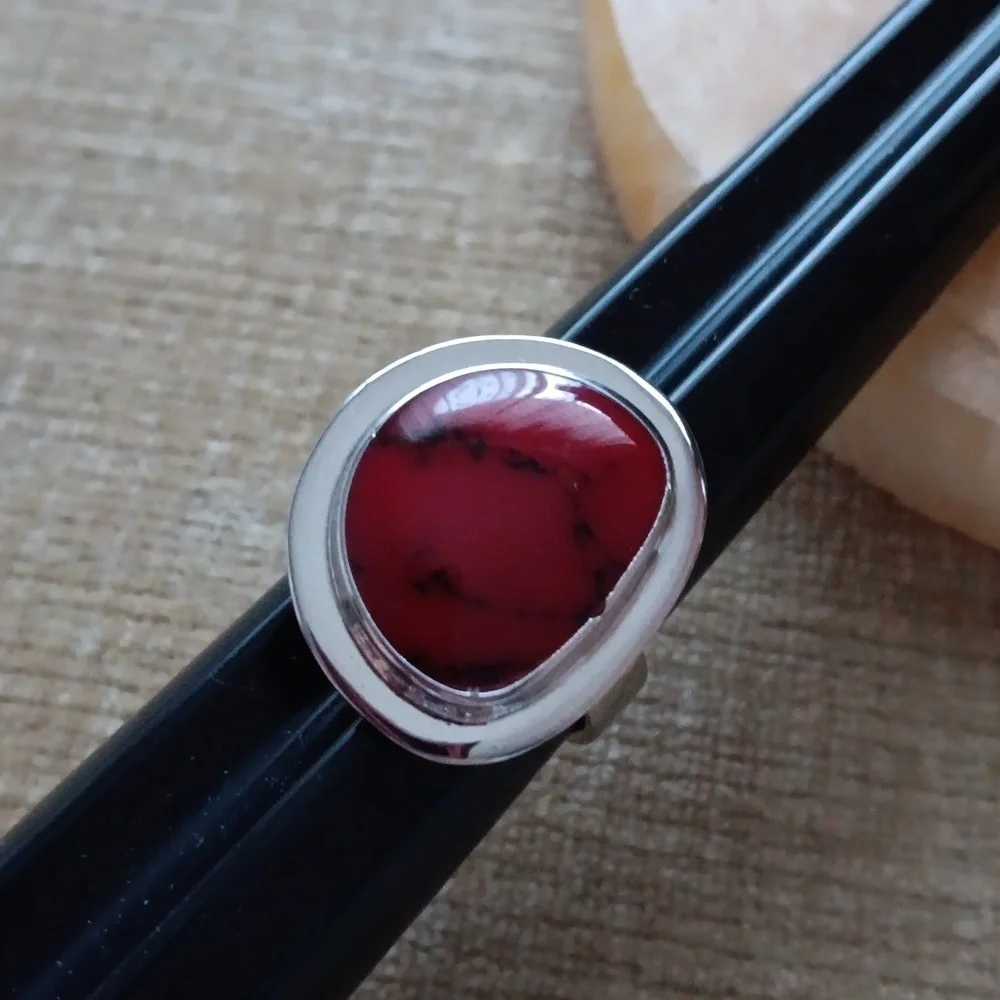 Silver Synthetic Red Stone Set Ring